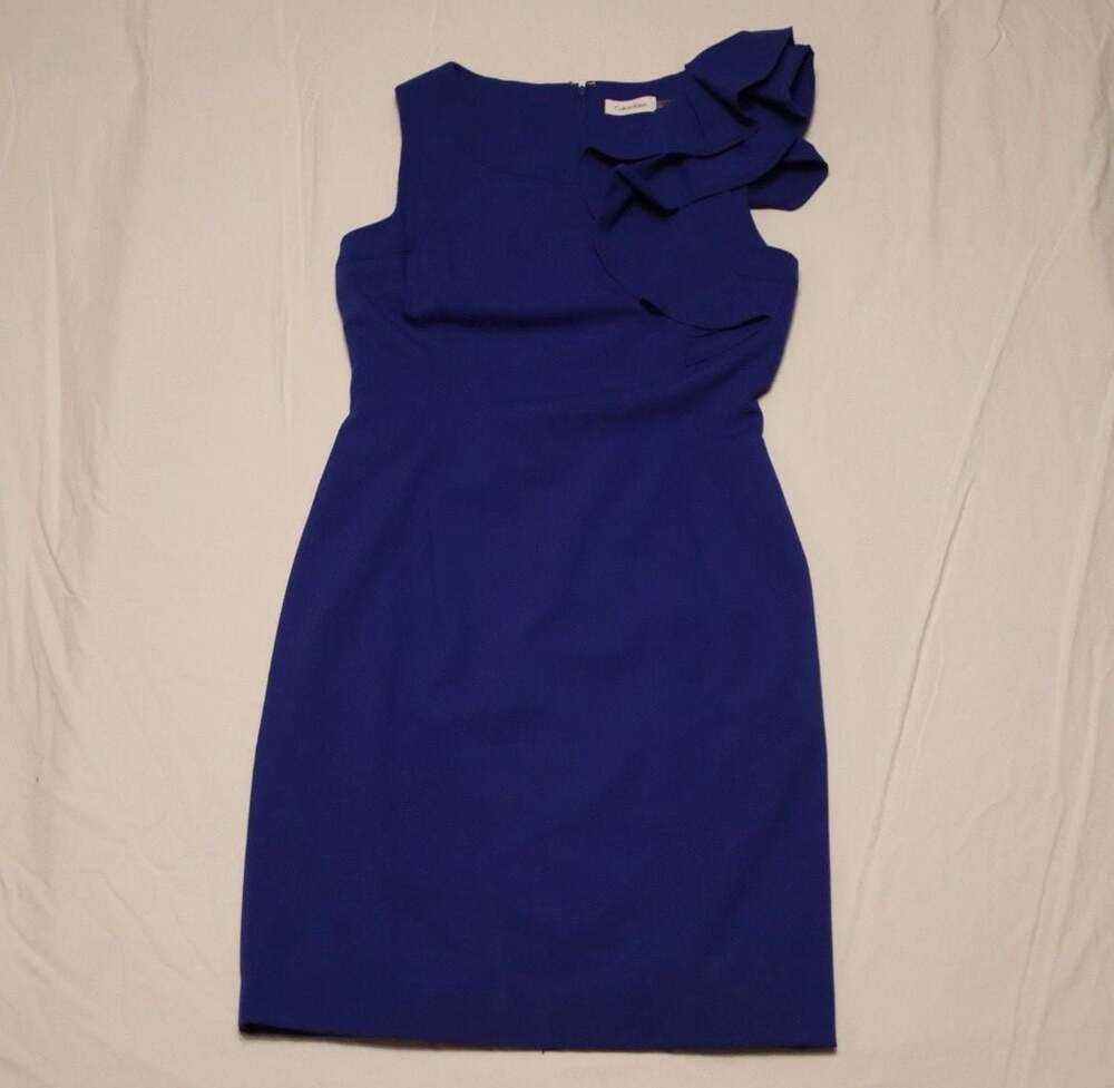 Calvin Klein Cobalt Blue Sleeveless Sheath Dress with Shoulder Ruffle Detail